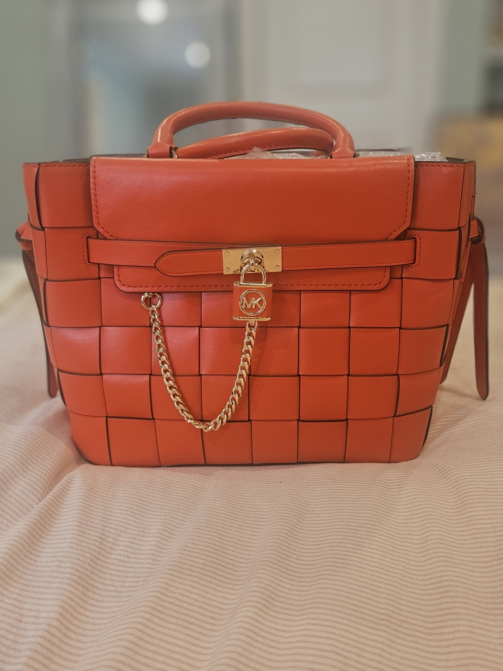 NEVER USED Michael Kors Woven Leather Satchel with Gold Chain
